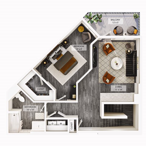 Floor plan for 1 bed, 2 baths, 1384 sqft